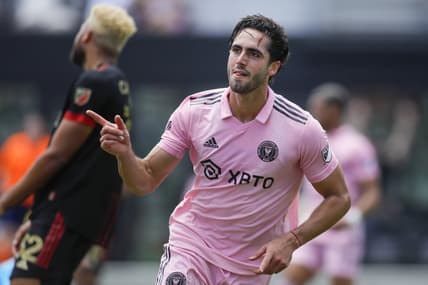 Apr 24, 2022; Fort Lauderdale, Florida, USA; Inter Miami CF forward Leonardo Campana (9) celebrates after scoring in the first half against Atlanta United at DRV PNK Stadium. Mandatory Credit: Sam Navarro-USA TODAY Sports