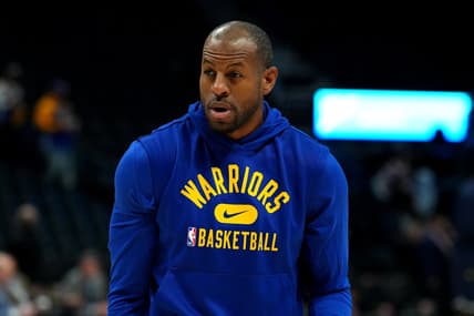 Apr 24, 2022; Denver, Colorado, USA; Golden State Warriors forward Andre Iguodala (9) warms up prior to game four of the first round of the 2022 NBA playoffs against the Denver Nuggets at Ball Arena. Mandatory Credit: Ron Chenoy-USA TODAY Sport