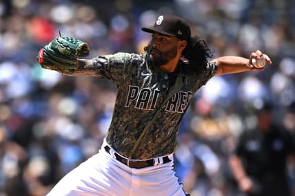 Apr 24, 2022; San Diego, California, USA; San Diego Padres starting pitcher Sean Manaea (55) throws a pitch against the Los Angeles Dodgers during the first inning at Petco Park. Mandatory Credit: Orlando Ramirez-USA TODAY Sports