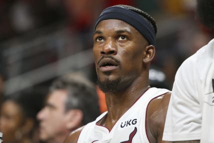 Apr 24, 2022; Atlanta, Georgia, USA; Miami Heat forward Jimmy Butler (22) on the bench against the Atlanta Hawks in the second quarter during game four of the first round of the 2022 NBA playoffs at State Farm Arena. Mandatory Credit: Brett Davis-USA TODAY Sports