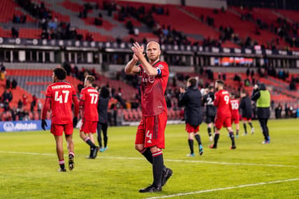 Apr 16, 2022; Toronto, Ontario, CAN; Toronto FC midfielder Michael Bradley (4) celebrates after defeating the Philadelphia Union at BMO Field. Mandatory Credit: Kevin Sousa-USA TODAY Sports