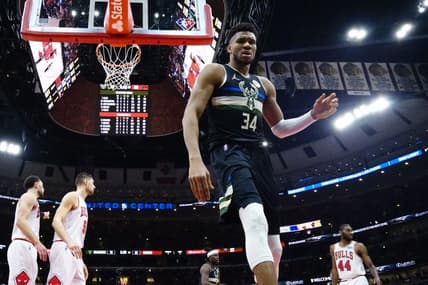 Apr 24, 2022; Chicago, Illinois, USA; Milwaukee Bucks forward Giannis Antetokounmpo (34) plays against the Chicago Bulls in the second half during game four of the first round for the 2022 NBA playoffs at United Center. Mandatory Credit: David Banks-USA TODAY Sports