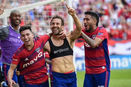 Apr 23, 2022; Frisco, Texas, USA; FC Dallas forward Alan Velasco (20) and midfielder Facundo Quignon (5) and forward Jesus Ferreira (10) and defender Nkosi Tafari (17) celebrates FC Dallas scoring a goal against the Houston Dynamo during the game at Toyota Stadium. Mandatory Credit: Jerome Miron-USA TODAY Sports