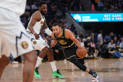 Apr 27, 2022; San Francisco, California, USA; Golden State Warriors guard Stephen Curry (30) dribbles past Denver Nuggets forward Jeff Green (32) in the second quarter during game five of the first round for the 2022 NBA playoffs at Chase Center. Mandatory Credit: Cary Edmondson-USA TODAY Sports