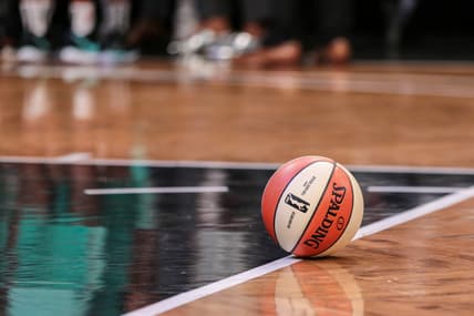 May 9, 2019; New York City, NY, USA; A general view of the game ball during the preseason WNBA game between the New York Liberty and the China National Team at Barclays Center.  Mandatory Credit: Vincent Carchietta-USA TODAY Sports