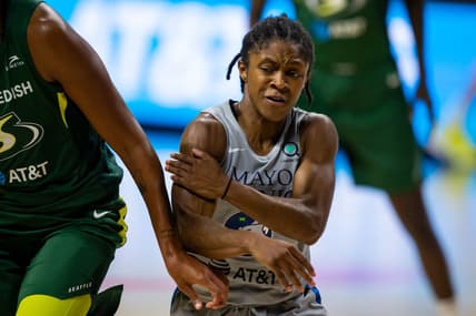 Sep 24, 2020; Bradenton, Florida, USA; Minnesota Lynx guard Crystal Dangerfield (2) pushes around a screen during Game 2 of the WNBA Semifinals against the Seattle Storm at Feld Entertainment. Mandatory Credit: Mary Holt-USA TODAY Sports