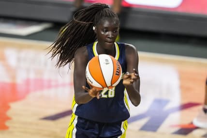 May 27, 2021; College Park, Georgia, USA; Dallas Wings center Awak Kuier (28) passes the ball against the Atlanta Dream during the first half at Gateway Center Arena at College Park. Mandatory Credit: Dale Zanine-USA TODAY Sports