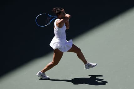 Sep 2, 2021; Flushing, NY, USA; Martina Trevisan of Italy hits a forehand against Belinda Bencic of Switzerland (not pictured) on day four of the 2021 U.S. Open tennis tournament at USTA Billie Jean King National Tennis Center. Mandatory Credit: Geoff Burke-USA TODAY Sports