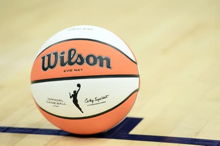 Oct 10, 2021; Phoenix, Arizona, USA; A view of the offical game ball during the second half of game one of the 2021 WNBA Finals between the Phoenix Mercury and the Chicago Sky at Footprint Center. Mandatory Credit: Joe Camporeale-USA TODAY Sports