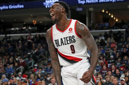 Dec 19, 2021; Memphis, Tennessee, USA; Portland Trail Blazers forward Nassir Little (9) reacts after a dunk during the first half against the Memphis Grizzles at FedExForum. Mandatory Credit: Petre Thomas-USA TODAY Sports
