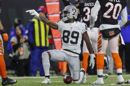 Jan 15, 2022; Cincinnati, Ohio, USA; Las Vegas Raiders wide receiver Bryan Edwards (89) reacts after moving the ball forward against the Cincinnati Bengals in the second half in an AFC Wild Card playoff football game at Paul Brown Stadium. Mandatory Credit: Katie Stratman-USA TODAY Sports