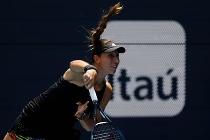 Mar 30, 2022; Miami Gardens, FL, USA; Jessica Pegula (USA) serves against Paula Badosa (ESP)(not pictured) in a women's singles quarterfinal match in the Miami Open at Hard Rock Stadium. Mandatory Credit: Geoff Burke-USA TODAY Sports