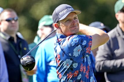Apr 8, 2022; Augusta, Georgia, USA; Justin Rose plays his shot from the eighth tee during the second round of The Masters golf tournament. Mandatory Credit: Michael Madrid-USA TODAY Sports