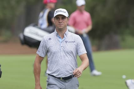 Apr 16, 2022; Hilton Head, South Carolina, USA; Justin Thomas walks to the fairway during the third round of the RBC Heritage golf tournament. Mandatory Credit: David Yeazell-USA TODAY Sports