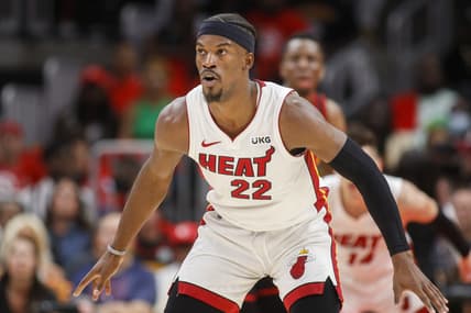 Apr 24, 2022; Atlanta, Georgia, USA; Miami Heat forward Jimmy Butler (22) defends against the Atlanta Hawks in the second quarter during game four of the first round for the 2022 NBA playoffs at State Farm Arena. Mandatory Credit: Brett Davis-USA TODAY Sports