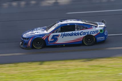 Apr 24, 2022; Talladega, Alabama, USA; NASCAR Cup Series driver Kyle Larson (5) races during the GEICO 500 at Talladega Superspeedway. Mandatory Credit: Jasen Vinlove-USA TODAY Sports