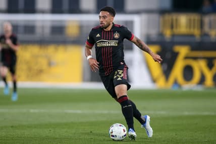 Apr 20, 2022; Kennesaw, Georgia, USA; Atlanta United midfielder Jake Mulraney (23) dribbles against Chattanooga FC in the first half at Fifth Third Bank Stadium. Mandatory Credit: Brett Davis-USA TODAY Sports