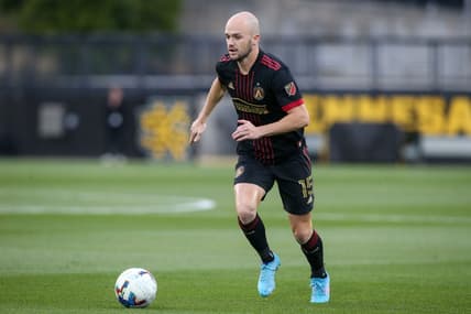 Apr 20, 2022; Kennesaw, Georgia, USA; Atlanta United defender Andrew Gutman (15) dribbles against Chattanooga FC in the first half at Fifth Third Bank Stadium. Mandatory Credit: Brett Davis-USA TODAY Sports