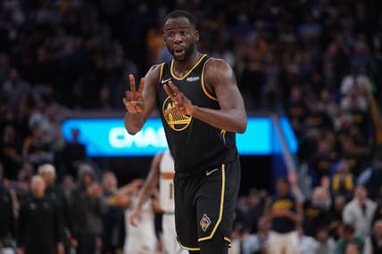 Apr 27, 2022; San Francisco, California, USA; Golden State Warriors forward Draymond Green (23) talks with teammates before an inbounds pass against the Denver Nuggets in the fourth quarter during game five of the first round for the 2022 NBA playoffs at Chase Center. Mandatory Credit: Cary Edmondson-USA TODAY Sports