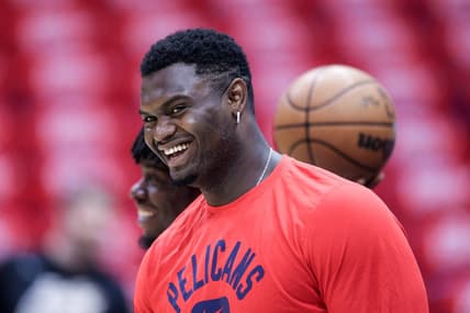 Apr 28, 2022; New Orleans, Louisiana, USA;   New Orleans Pelicans forward Zion Williamson (1) during warm ups before game six against the Phoenix Suns of the first round for the 2022 NBA playoffs at Smoothie King Center. Mandatory Credit: Stephen Lew-USA TODAY Sports