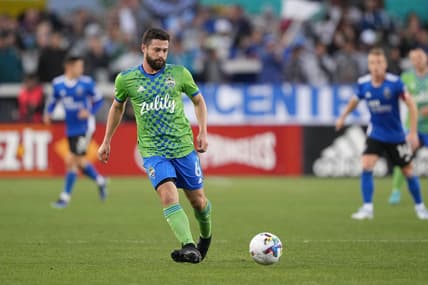 Apr 23, 2022; San Jose, California, USA; Seattle Sounders midfielder Joao Paulo (6) passes during the first half against the San Jose Earthquakes at PayPal Park. Mandatory Credit: Darren Yamashita-USA TODAY Sports
