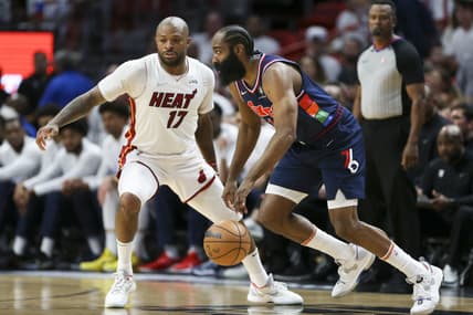 May 2, 2022; Miami, Florida, USA; Philadelphia 76ers guard James Harden (1) dribbles the basketball as Miami Heat forward P.J. Tucker (17) defends in the first quarter during game one of the second round for the 2022 NBA playoffs at FTX Arena. Mandatory Credit: Sam Navarro-USA TODAY Sports