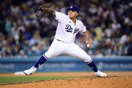 May 3, 2022; Los Angeles, California, USA; Los Angeles Dodgers starting pitcher Julio Urias (7) throws against the San Francisco Giants during the fifth inning at Dodger Stadium. Mandatory Credit: Gary A. Vasquez-USA TODAY Sports