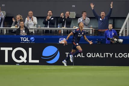 May 4, 2022; Cincinnati, Ohio, USA;  FC Cincinnati forward Calvin Harris (12) celebrates scoring a goal against the Toronto FC in the first half at TQL Stadium. Mandatory Credit: Aaron Doster-USA TODAY Sports