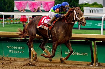 May 6, 2022; Louisville, KY, USA; Luis Saez aboard Secret Oath wins the Kentucky Oaks at Churchill Downs. Mandatory Credit: Peter Casey-USA TODAY Sports