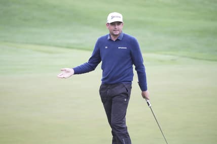 May 7, 2022; Potomac, Maryland, USA; Keegan Bradley reacts after missing a putt on the seventh hole during the third round of the Wells Fargo Championship golf tournament. Mandatory Credit: Mitch Stringer-USA TODAY Sports