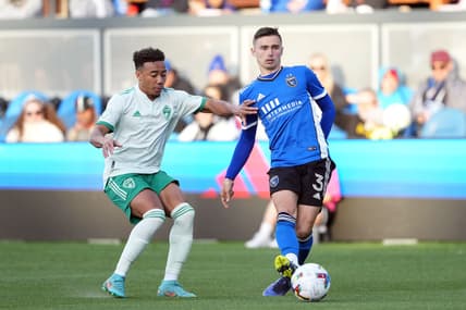 May 7, 2022; San Jose, California, USA; San Jose Earthquakes defender Paul Marie (3) passes against Colorado Rapids forward Jonathan Lewis (7) during the first half at PayPal Park. Mandatory Credit: Darren Yamashita-USA TODAY Sports