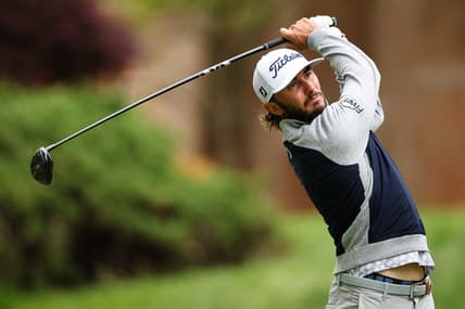 May 8, 2022; Potomac, Maryland, USA; Max Homa plays his shot from the seventh tee during the final round of the Wells Fargo Championship golf tournament. Mandatory Credit: Scott Taetsch-USA TODAY Sports