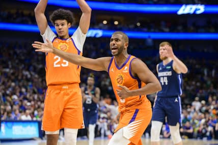 May 8, 2022; Dallas, Texas, USA; Phoenix Suns guard Chris Paul (3) reacts to receiving his sixth foul call and fouling out of the game against the Dallas Mavericks during the fourth quarter during game four of the second round for the 2022 NBA playoffs at American Airlines Center. Mandatory Credit: Jerome Miron-USA TODAY Sports