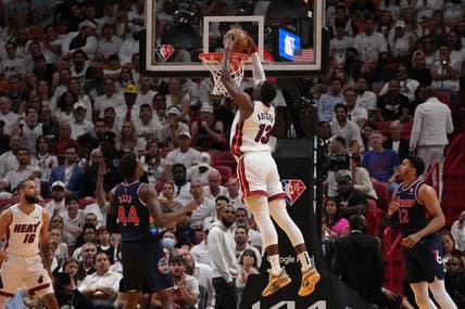 May 10, 2022; Miami, Florida, USA; Miami Heat center Bam Adebayo (13) dunks the ball against the Philadelphia 76ers during the first half in game five of the second round for the 2022 NBA playoffs at FTX Arena. Mandatory Credit: Jasen Vinlove-USA TODAY Sports