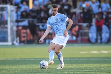 May 11, 2022; Jamaica, New York, USA;  New York City FC defender Vuk Latinovich (32) controls the ball in the first half against Rochester New York FC at Belson Stadium. Mandatory Credit: Wendell Cruz-USA TODAY Sports