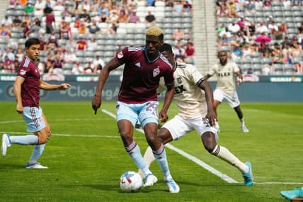 May 14, 2022; Commerce City, Colorado, USA; Los Angeles FC defender Mamadou Fall (5) and Colorado Rapids forward Gyasi Zardes (29) during the second half against Los Angeles FC at Dick's Sporting Goods Park. Mandatory Credit: Ron Chenoy-USA TODAY Sports