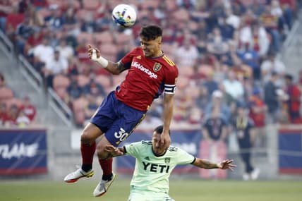 May 14, 2022; Sandy, Utah, USA; Real Salt Lake defender Marcelo Silva (30) goes up for the ball against Austin FC forward Maximiliano Urruti (37) in the first half at Rio Tinto Stadium. Mandatory Credit: Jeffrey Swinger-USA TODAY Sports