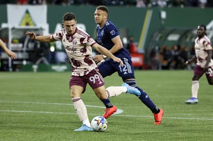 May 14, 2022; Portland, Oregon, USA; Portland Timbers forward Nathan Fogaca (99) scores a goal during the second half against the Sporting Kansas City at Providence Park. Mandatory Credit: Soobum Im-USA TODAY Sports
