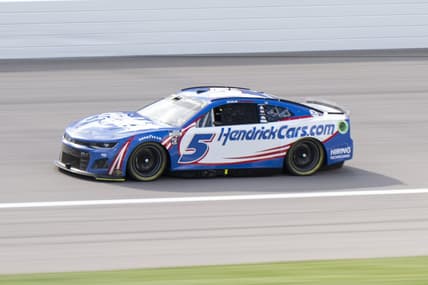 May 15, 2022; Kansas City, Kansas, USA; NASCAR Cup Series driver Kyle Larson (5) races during the AdventHealth 400 at Kansas Speedway. Mandatory Credit: Amy Kontras-USA TODAY Sports