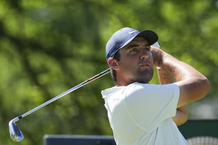 May 16, 2022; Tulsa, Oklahoma, USA; Scottie Scheffler hits his tee shot 14 during a practice round for the PGA Championship golf tournament at Southern Hills Country Club. Mandatory Credit: Michael Madrid-USA TODAY Sports