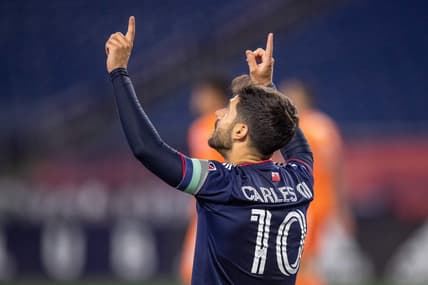 May 11, 2022; Foxborough, Massachusetts, USA; New England Revolution midfielder Carles Gil (10) reacts against FC Cincinnati at Gillette Stadium. Mandatory Credit: Paul Rutherford-USA TODAY Sports