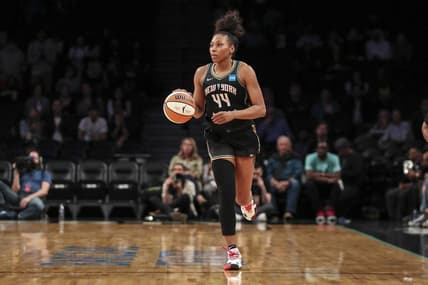 May 17, 2022; Brooklyn, New York, USA;  New York Liberty forward Betnijah Laney (44) brings the ball up court in the second quarter against the Connecticut Sun at Barclays Center. Mandatory Credit: Wendell Cruz-USA TODAY Sports
