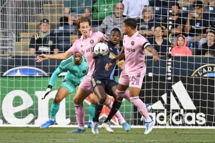 May 18, 2022; Chester, Pennsylvania, USA; Philadelphia Union forward Cory Burke (19) battles for the ball with Inter Miami defender Ryan Sailor (45) and midfielder Gregore (26) during the first half against the Inter Miami at Subaru Park. Mandatory Credit: Eric Hartline-USA TODAY Sports