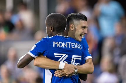 May 18, 2022; San Jose, California, USA; San Jose Earthquakes midfielder Jamiro Monteiro (35) celebrates with forward Cristian Espinoza (10) after he scored a goal against the Portland Timbers during the first half at PayPal Park. Mandatory Credit: John Hefti-USA TODAY Sports