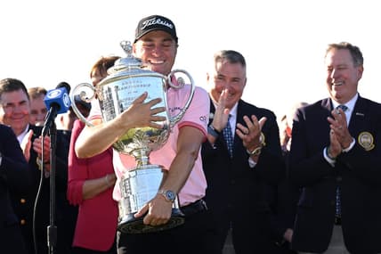 May 22, 2022; Tulsa, Oklahoma, USA; Justin Thomas poses with the Wanamaker trophy after winning the PGA Championship golf tournament at Southern Hills Country Club. Mandatory Credit: Orlando Ramirez-USA TODAY Sports
