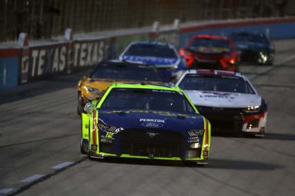 May 22, 2022; Fort Worth, Texas, USA; NASCAR Cup Series driver Ryan Blaney (12) during the All-Star Race at Texas Motor Speedway. Mandatory Credit: Peter Casey-USA TODAY Sports