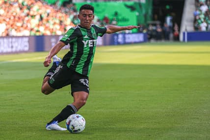 Austin FC midfielder Owen Wolff (3) lshoots the ball during the match against Orlando City SC at Q2 Stadium on May 22, 2022.

Aem Austin Fc Vs Orlando City 12