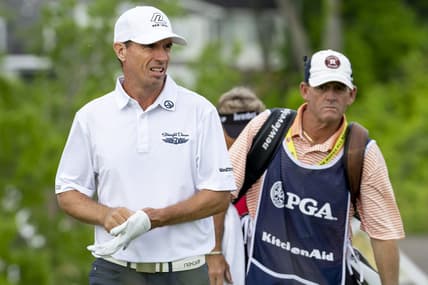 May 26, 2022; Benton Harbor, Michigan, USA; Steven Alker walks onto the eighth tee box during the first round of the 2022 KitchenAid Senior PGA Championship at Harbor Shores. Mandatory Credit: Raj Mehta-USA TODAY Sports