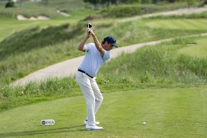 May 26, 2022; Benton Harbor, Michigan, USA; Stephen Ames hits his tee shot on the eighth hole during the first round of the 2022 KitchenAid Senior PGA Championship at Harbor Shores. Mandatory Credit: Raj Mehta-USA TODAY Sports