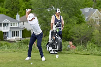 May 26, 2022; Benton Harbor, Michigan, USA; Steven Alker hits his tee shot on the eighth hole during the first round of the 2022 KitchenAid Senior PGA Championship at Harbor Shores. Mandatory Credit: Raj Mehta-USA TODAY Sports